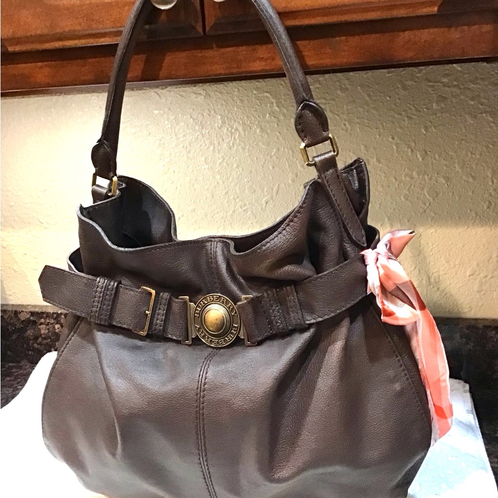 Burberry Vintage Lambeth Hobo Bag Brown Pebbled  Leather